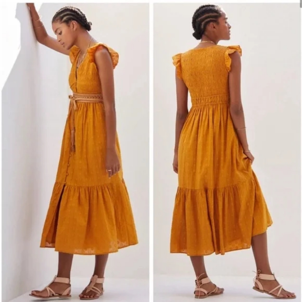 Anthropologie The Peregrine Midi Dress  Smocked Button Gold Orange Size Small